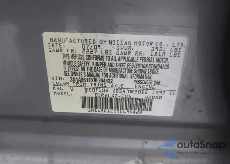 2009 Nissan Sentra 2.0 z USA, uszkodzony, nr VIN 3N1AB61EX9L694422